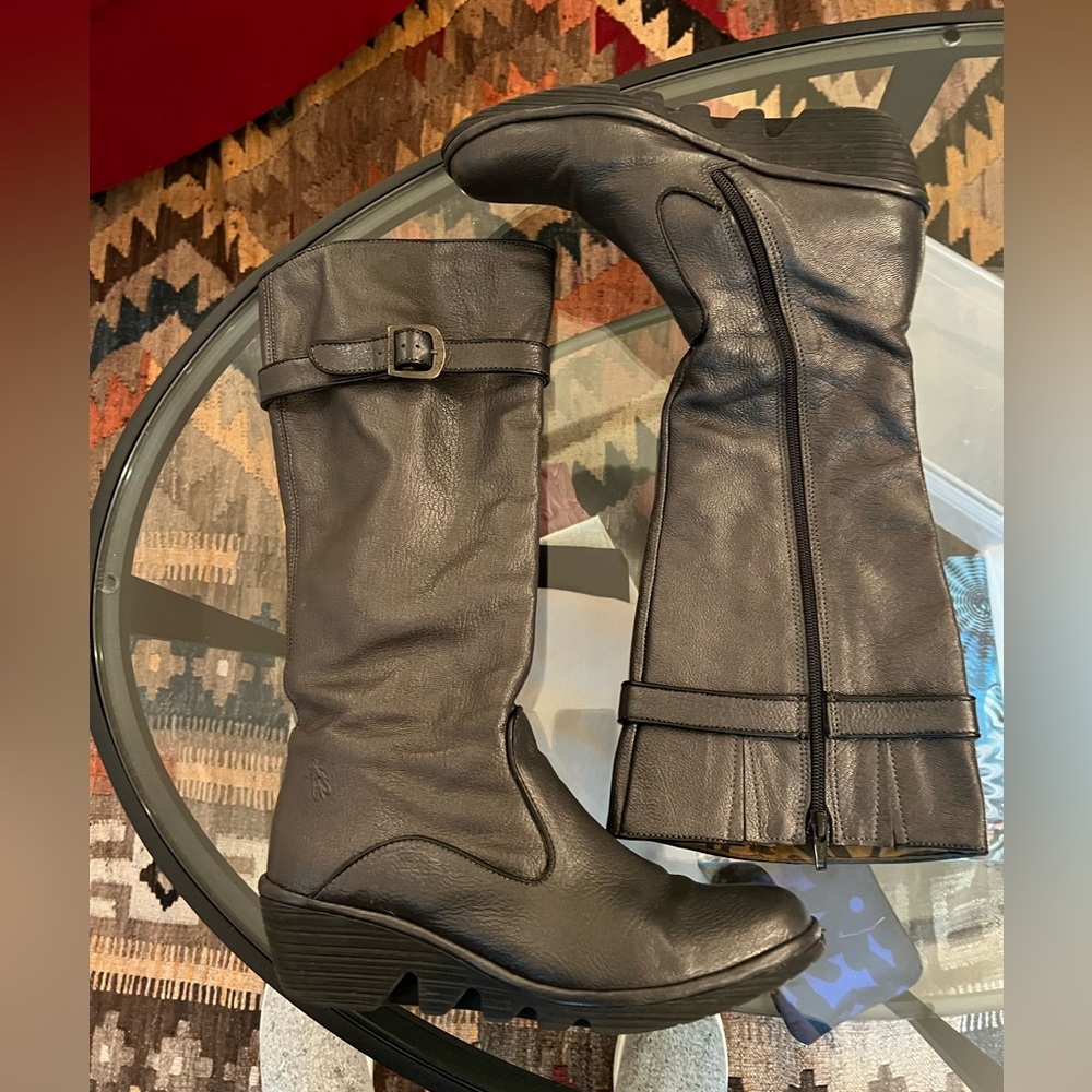 Fly London Pewter leather boots. Size 9.5. Wedge heel.  Mid calf. Side zipper